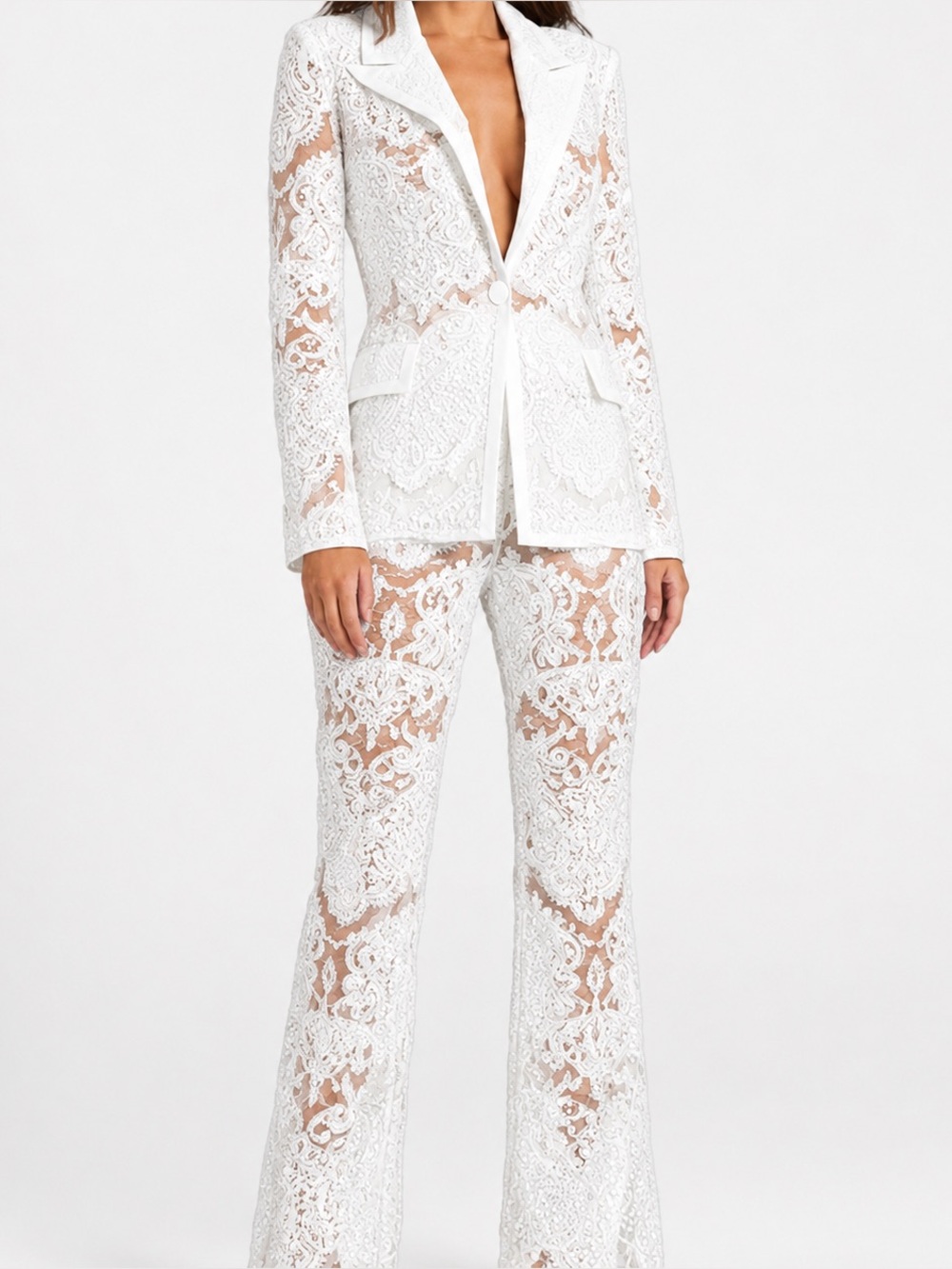 Women's White Lace Blazer & Flare Pant Set